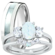 LaRaso & Co His Hers TRIO Wedding Set Sterling Silver Wedding Rings White Opal Bridal Set Him Her 5/8