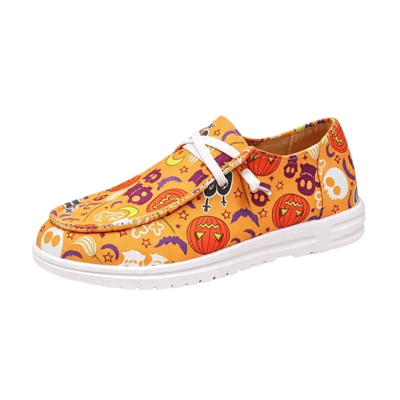 QWKLEAJ Fashion Women Halloween Canvas Sneakers, Colorful Skull & Pumpkin Print Low Top Slip On Flats Loafers, Breathable Comfort Casual Walking Shoes Saffron 6