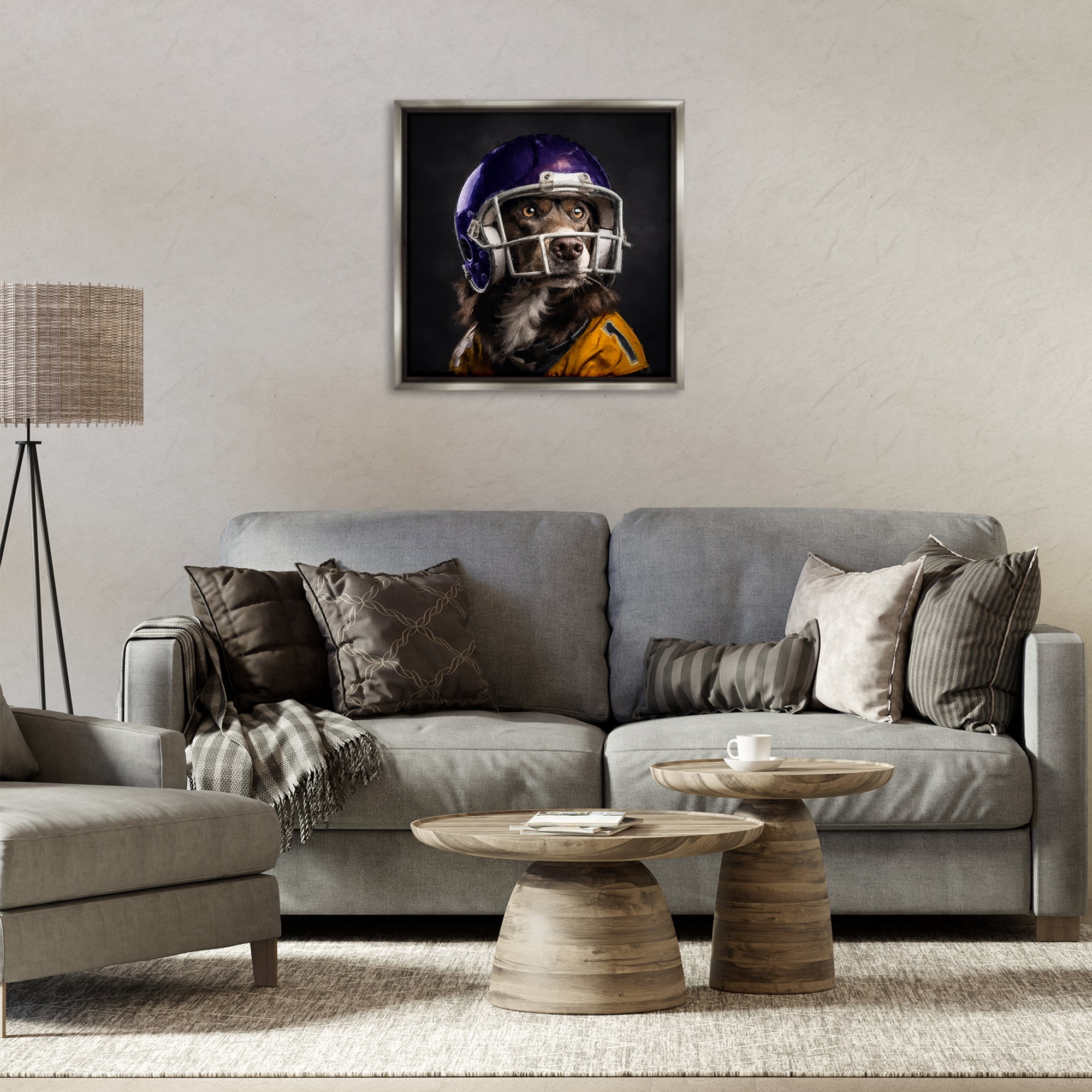 Stupell Industries Dog with Football Helmet Animals Painting Gray Floater Framed Canvas Art Print Wall Art, 25 x 25