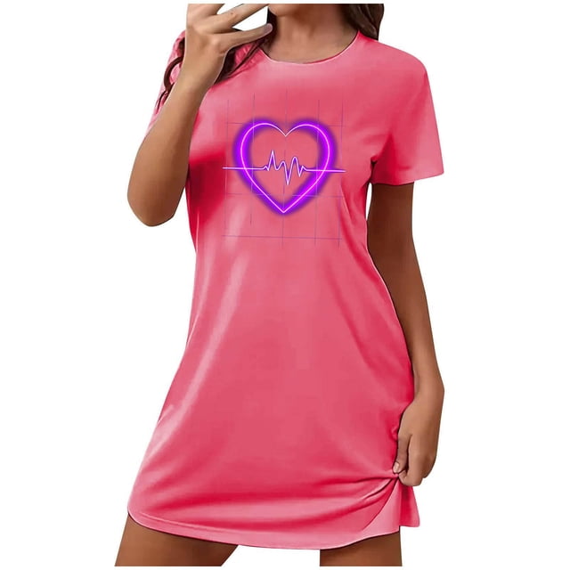 COM1950s Shorts pour Femmes, Chemises de la Saint-Valentin pour Femmes, Grande Taille de la Saint-Valentin Robe de Nuit Courte Imprimée Col Rond Manches Courtes, Chemises à Manches Courtes pour Femmes, Robe de la Saint-Valentin