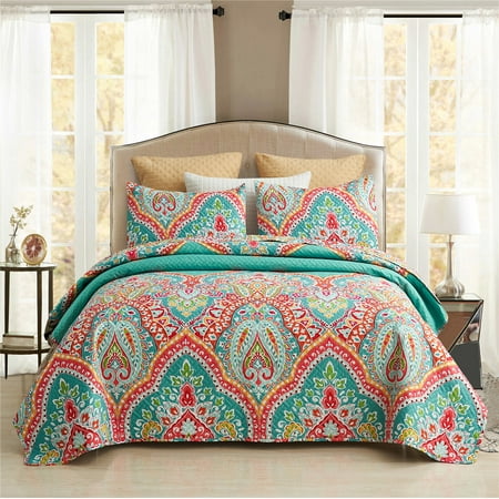 JML 3 Piece Quilt Set King Size,Lightweight Microfiber Bedspread Coverlet,Turquoise & Tangerine