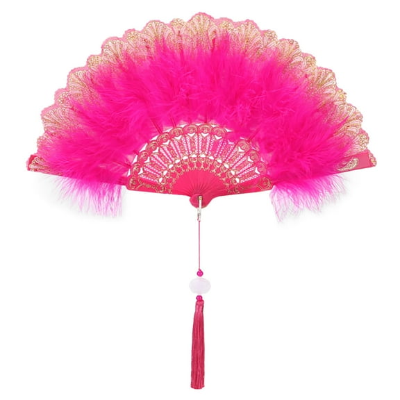 Rosy Feather Folding Hand Fan with Flower Painting – Elegant Vintage Dance Fan, Stage Performance, Costume Accessory & Gift