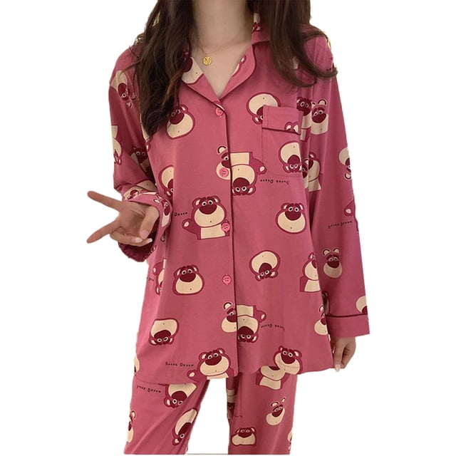 Patrón de oso Mujer Pijamas estampados Traje de manga larga Transpirable Suave Ropa de dormir femenina Ropa de dormir para dormitorio Rosa Rojo XL