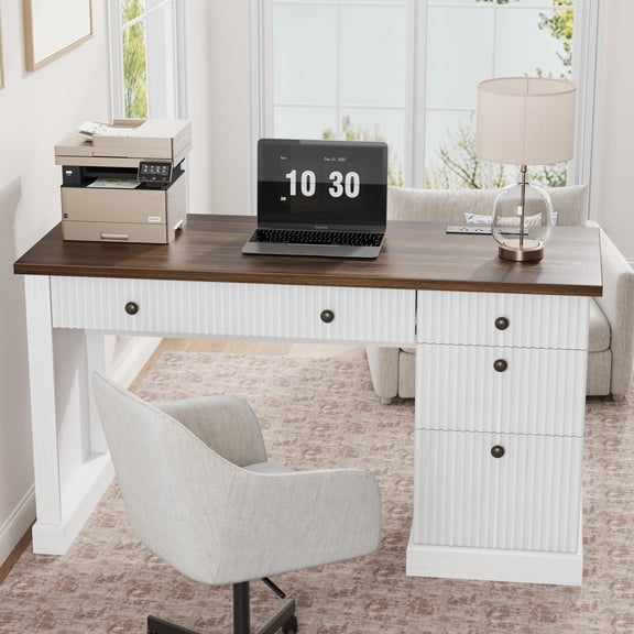 54" Fluted Home Office Desk with Storage, Modern Executive Desk with Charging Station, Wooden Computer Desk with File Drawer, for Study & Living Room