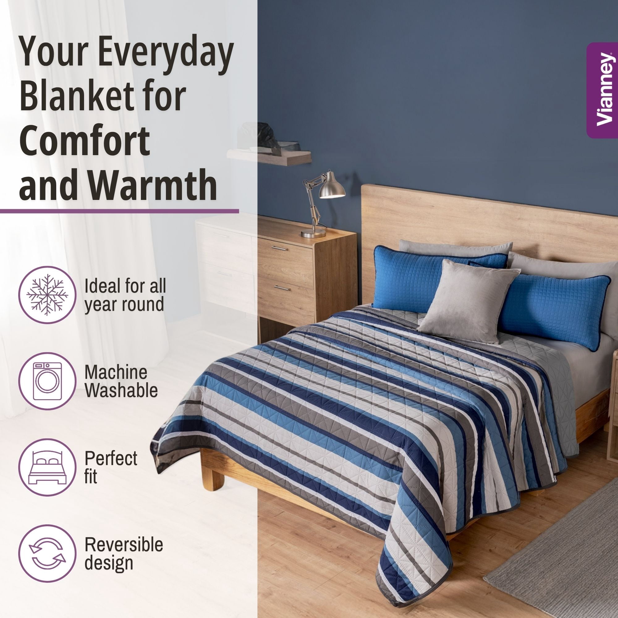 Vianney - Twin Comforter - 1 Piece - Reversible Lightweight Quilted Blanket in Blue and Grey Striped Design - Soft Breathable Bedspread for Year-Round Comfort 71x93 inches