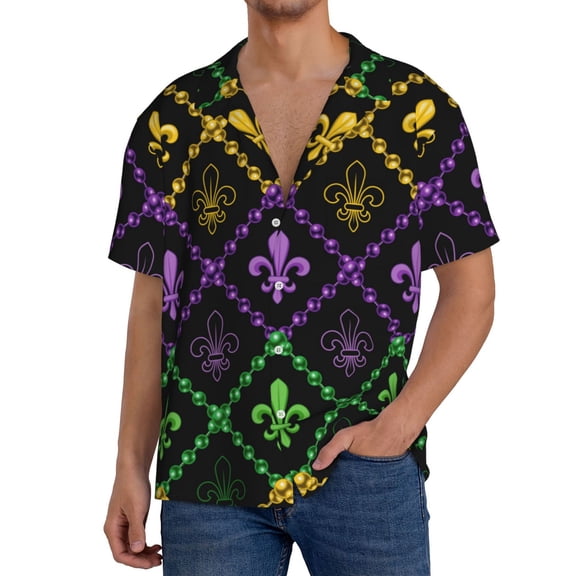 Gukieu Mardi Gra Geometric Print Men's Short-sleeved Shirts, Button-down Pocket Shirts, T-shirts, Beach Vacation Travel Summer Clothing-Small