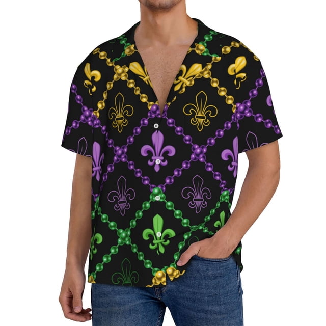 Balery Mardi Gra Geometric Camisa Casual de Manga Corta con Botones para Hombre, Texturizada, Estilo Cubano, para Playa, Verano-Small