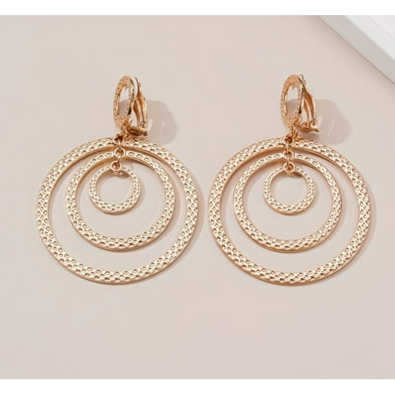 Clip on 3 1/2" Xlarge gold textured multi hoop dangle earrings