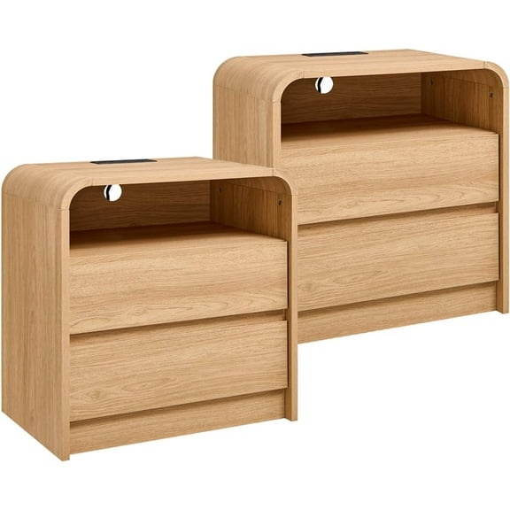 Aitjunz 25" Tall Modern Nightstand Set of 2, 23.6'' Wide Wood Bedside Table w/2 Storage Drawers, Charging Station, Mid Century End Table for Bedroom, Living Room,Curved Profile Design, Natural Oak