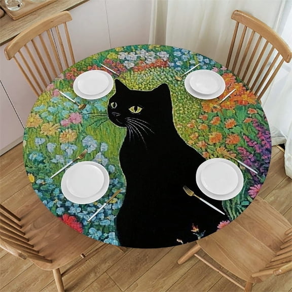 Autua Black Cat Garden Round Tablecloth Stain-Resistant 100% Polyester 31"-35