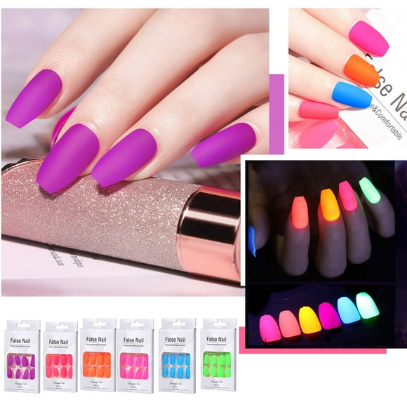 WKWeiS Short Fluorescent Luminous Nail Patch Wearing Nail Solid Color Nail Patch Deals of The Day