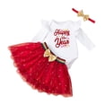 thumbnail image 3 of FINALGANG Girls Toddler Three Piece New Year Dress Set Letter Prints Ruffle Long Sleeve Crewneck Top Tulle Skirt Matching Bow Headband For Holiday Celebration Wear Stylish Set, 3 of 5