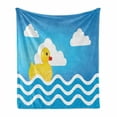 thumbnail image 1 of Rubber Duck Soft Flannel Fleece Throw Blanket, Yellow Childrens Toy on Wavy Water Inspired Stripes Clouds, Cozy Plush for Indoor and Outdoor Use, 60" x 80", Yellow White Blue, by Ambesonne, 1 of 6