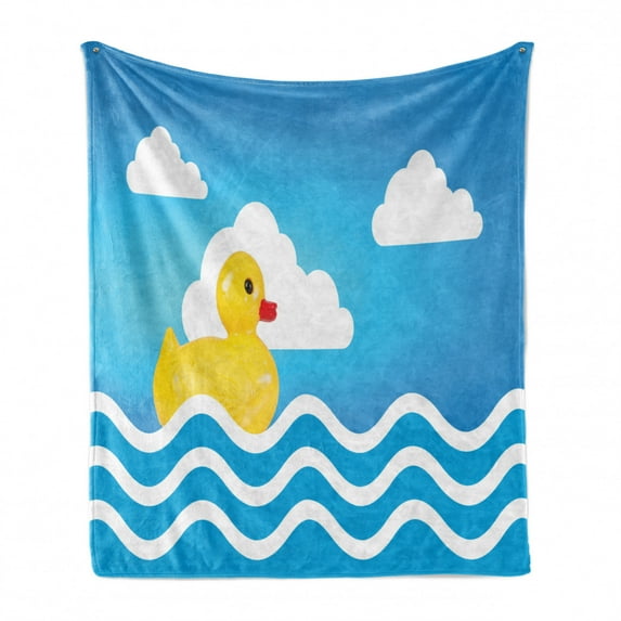 Rubber Duck Soft Flannel Fleece Throw Blanket, Yellow Childrens Toy on Wavy Water Inspired Stripes Clouds, Cozy Plush for Indoor and Outdoor Use, 60" x 80", Yellow White Blue, by Ambesonne