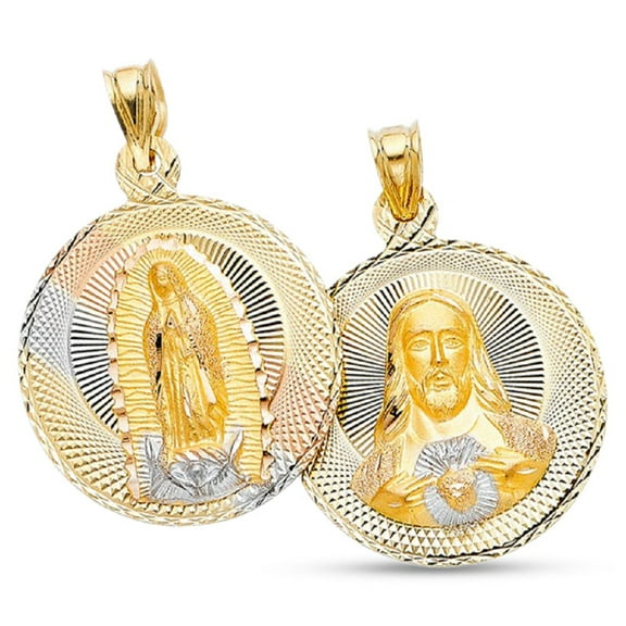 Jesus & Guadalupe Double Sided Pendant Solid 14k Yellow White Rose Gold Charm Diamond Cut 32 x 27 mm