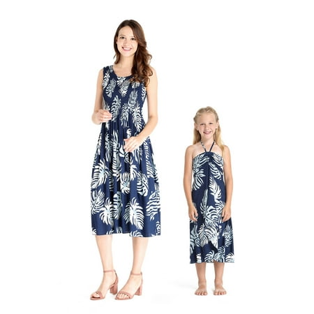 Butterfly Leaf Top - Mother & Daughter Matching Hawaii Luau Tank Elastic Dress Girl Butterfly in Palm Leaves in Navy 14