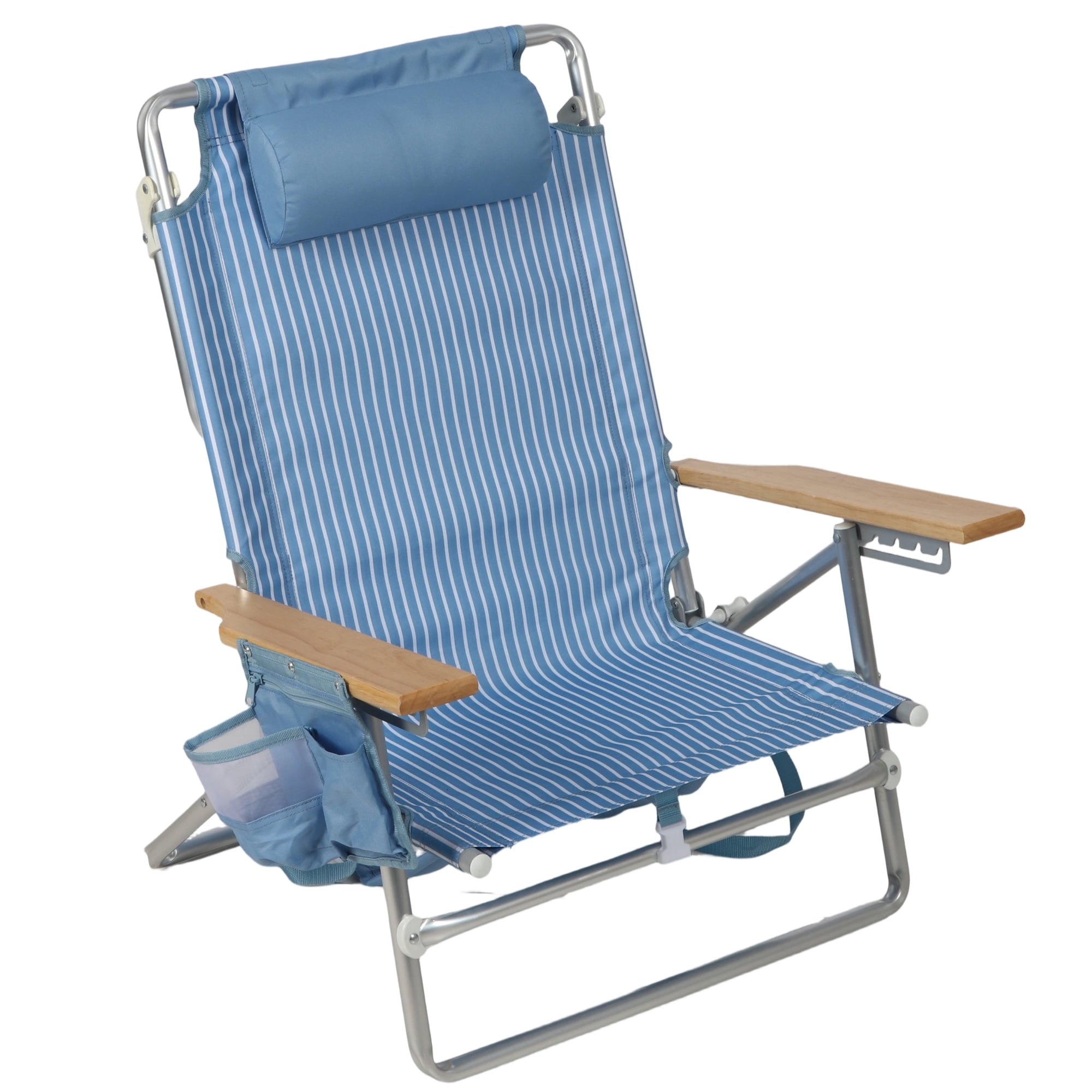 Mainstays Reclining Beach Chair with Backpack Straps and Wooden Armrests, Thin Blue Stripe