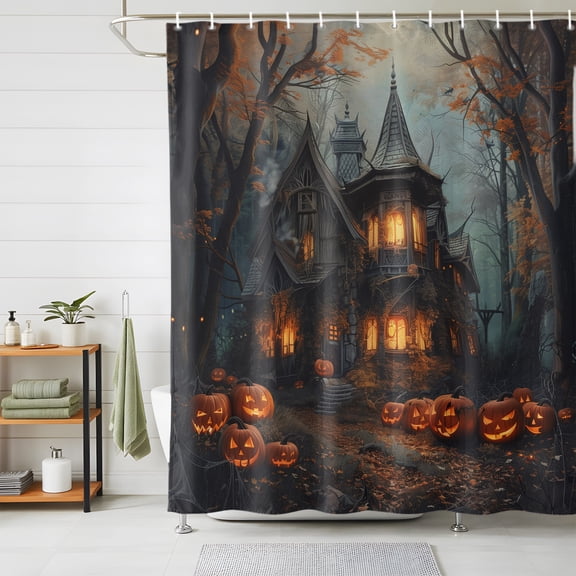 Shower Curtains for Bathroom, Halloween Cottage Waterproof Fabric Shower Curtain, Fall Autumn Retro Forest Castle Pumpkin Decorative Bathroom Curtain for Bathtub, 72"x72", No Hooks Included