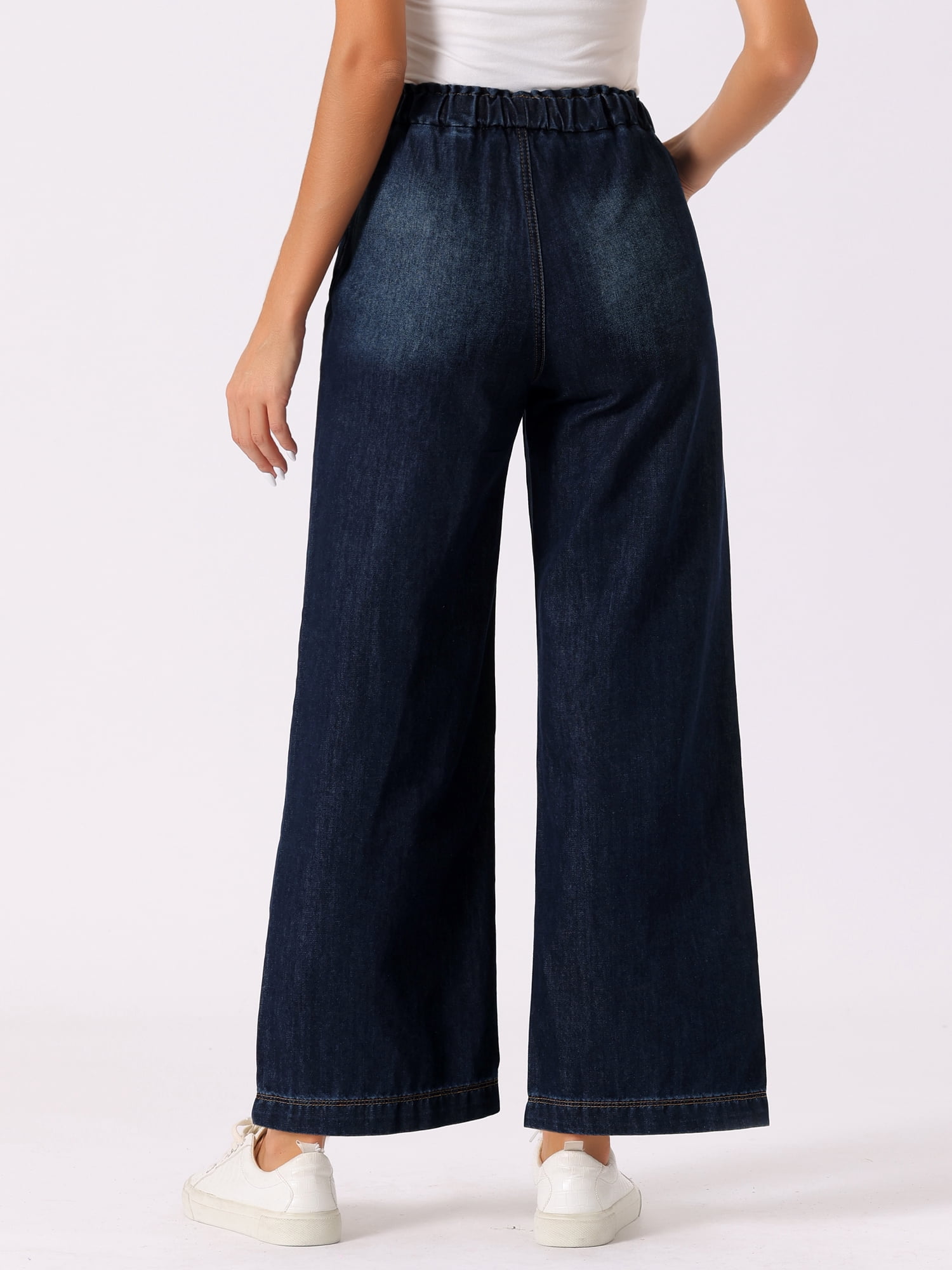 DARING DIVA Women's Trendy Elastic Waist Wide Legs Drawstring Jeans XS Dark Blue