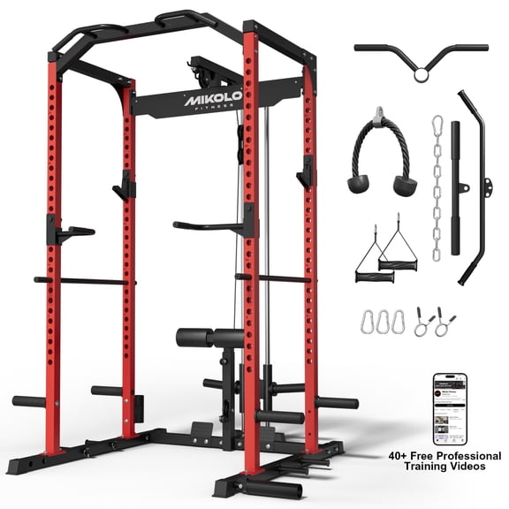 Mikolo Multi-Functional Squat Rack with LAT Pulldown System Exercise Power Cages, Metal Red