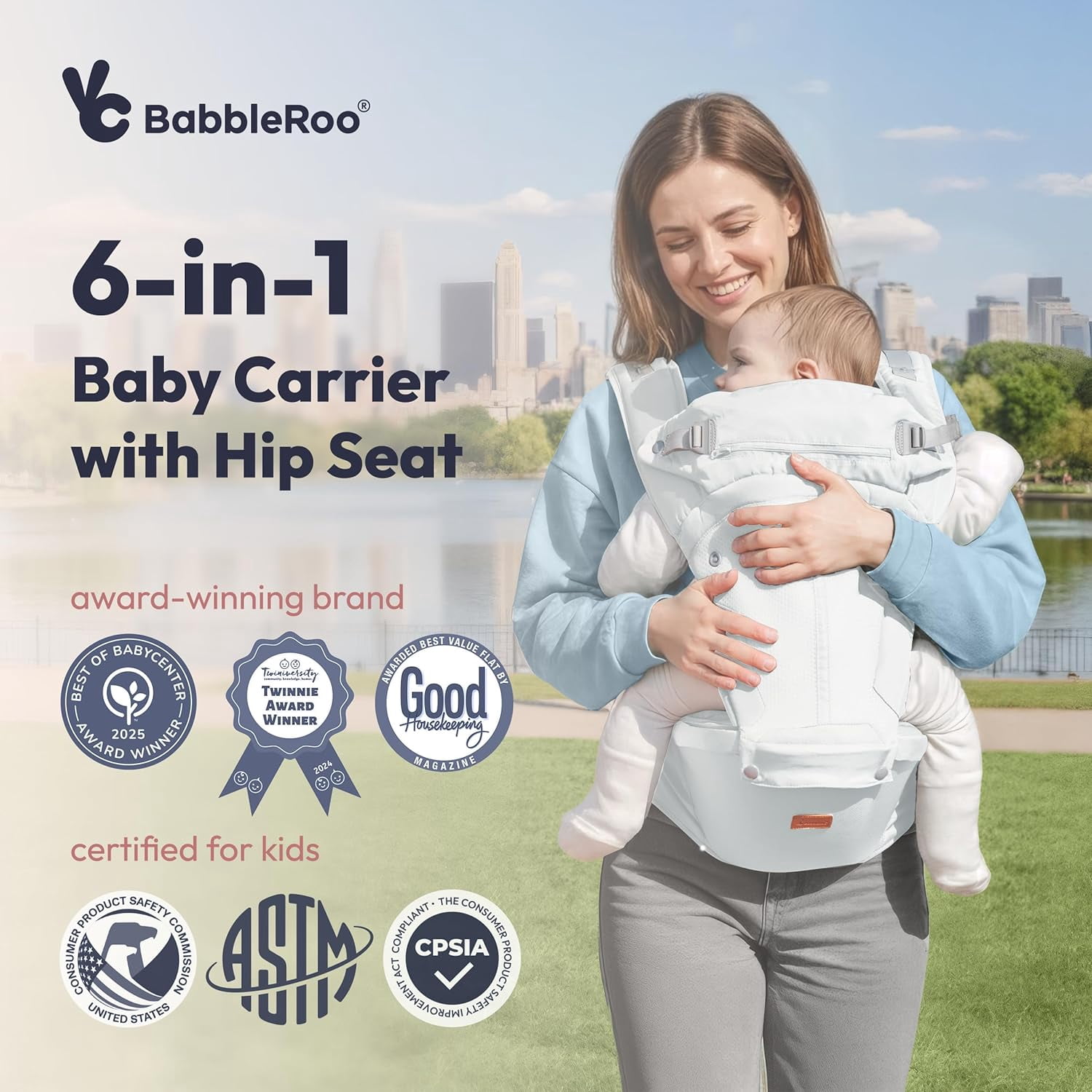 BabbleRoo Grow Baby Carrier – 6-in-1 Ergonomic Hip Seat, Convertible Infant Baby Carrier & Toddler Carrier – Seafoam