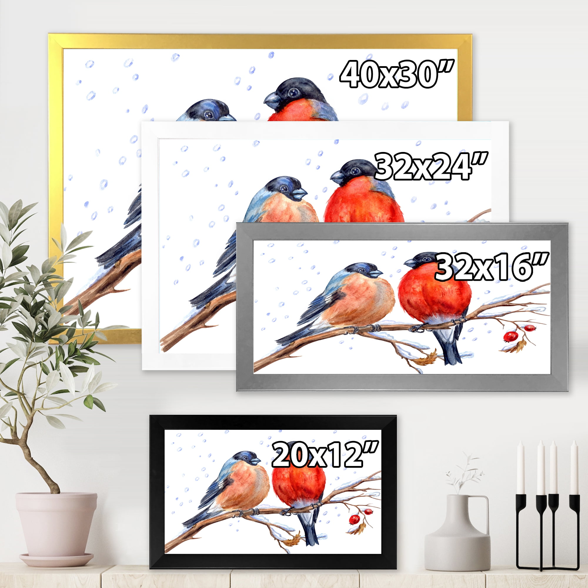 Designart 'Two Bullfinches On A Hawthorn Branch with Snowfall In Winter' Traditional Framed Art Print