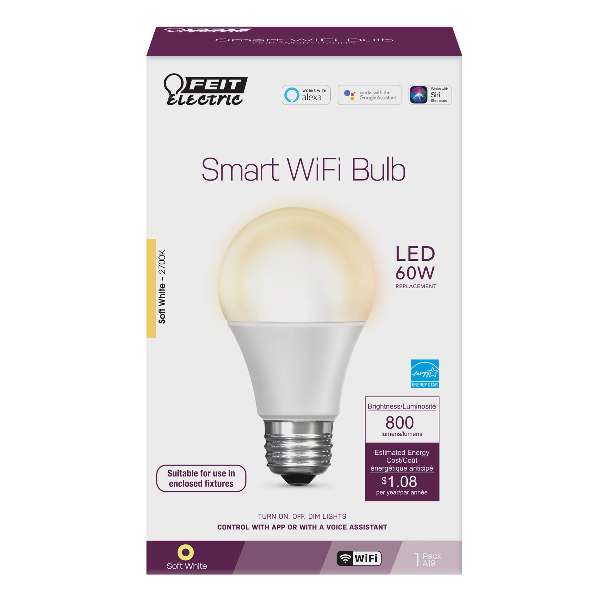 Feit Electric Smart LED 9 Watts (60W Equivalent) Soft White Light Bulb, A19, Medium (E26), Dimmable