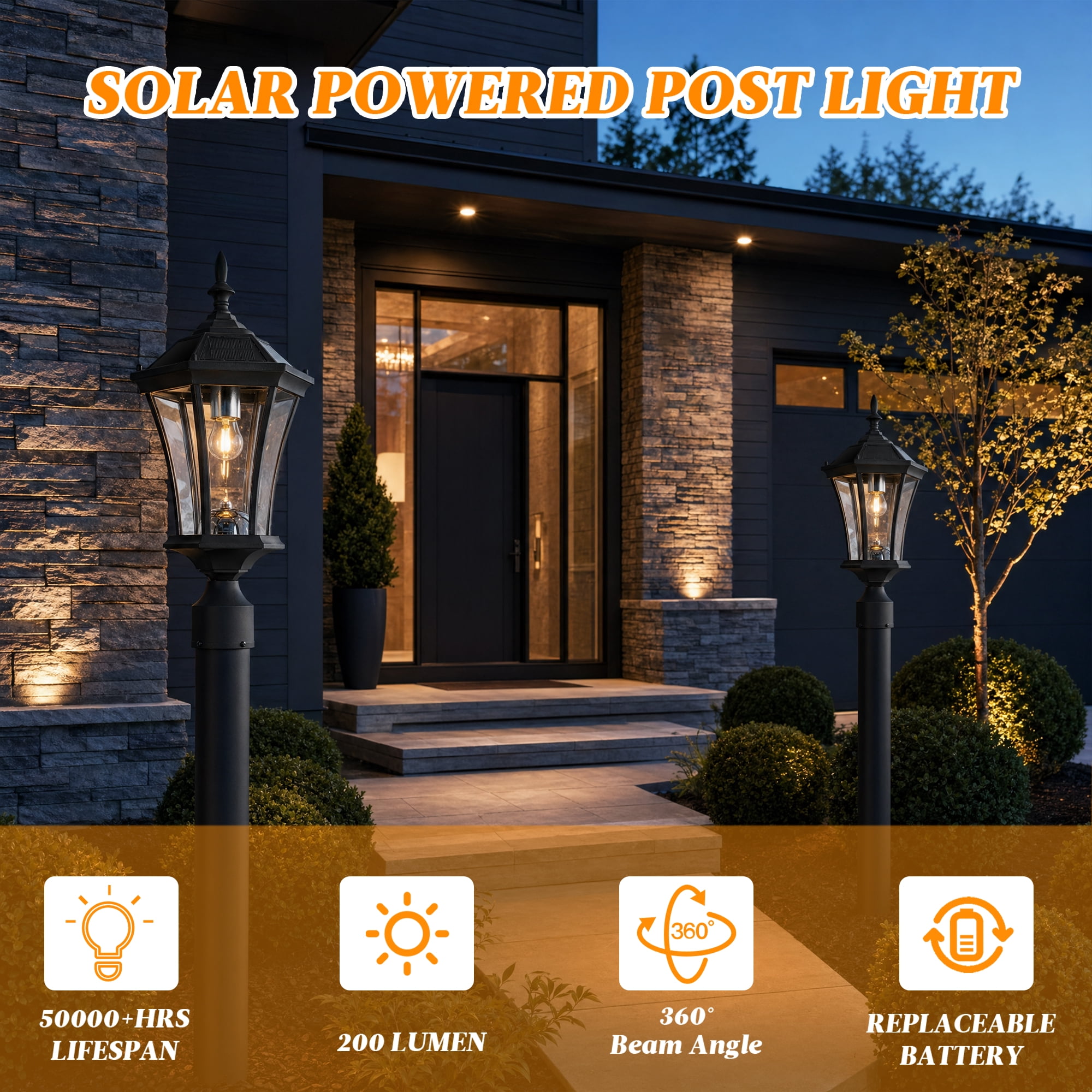 Solar Post Light with Dusk to Dawn Sensor and Pier Mount Base, Black Lantern for Yard, Garden, and Pathway, Black