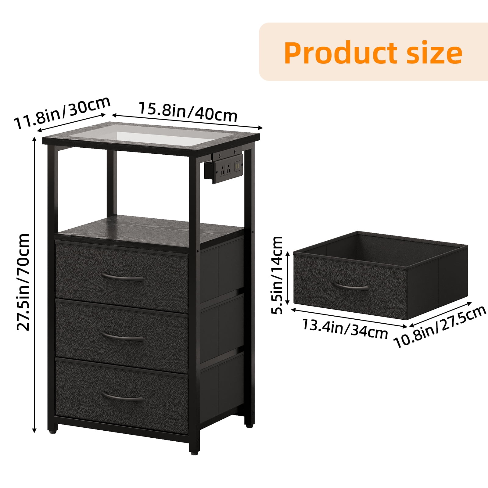 Tomnk Modern Nightstand with LED Lights & Charging Station, Side Table with Tempered Glass Top, USB Ports & Power Outlets, 3 Fabric Drawers for Bedroom, Living Room, Black