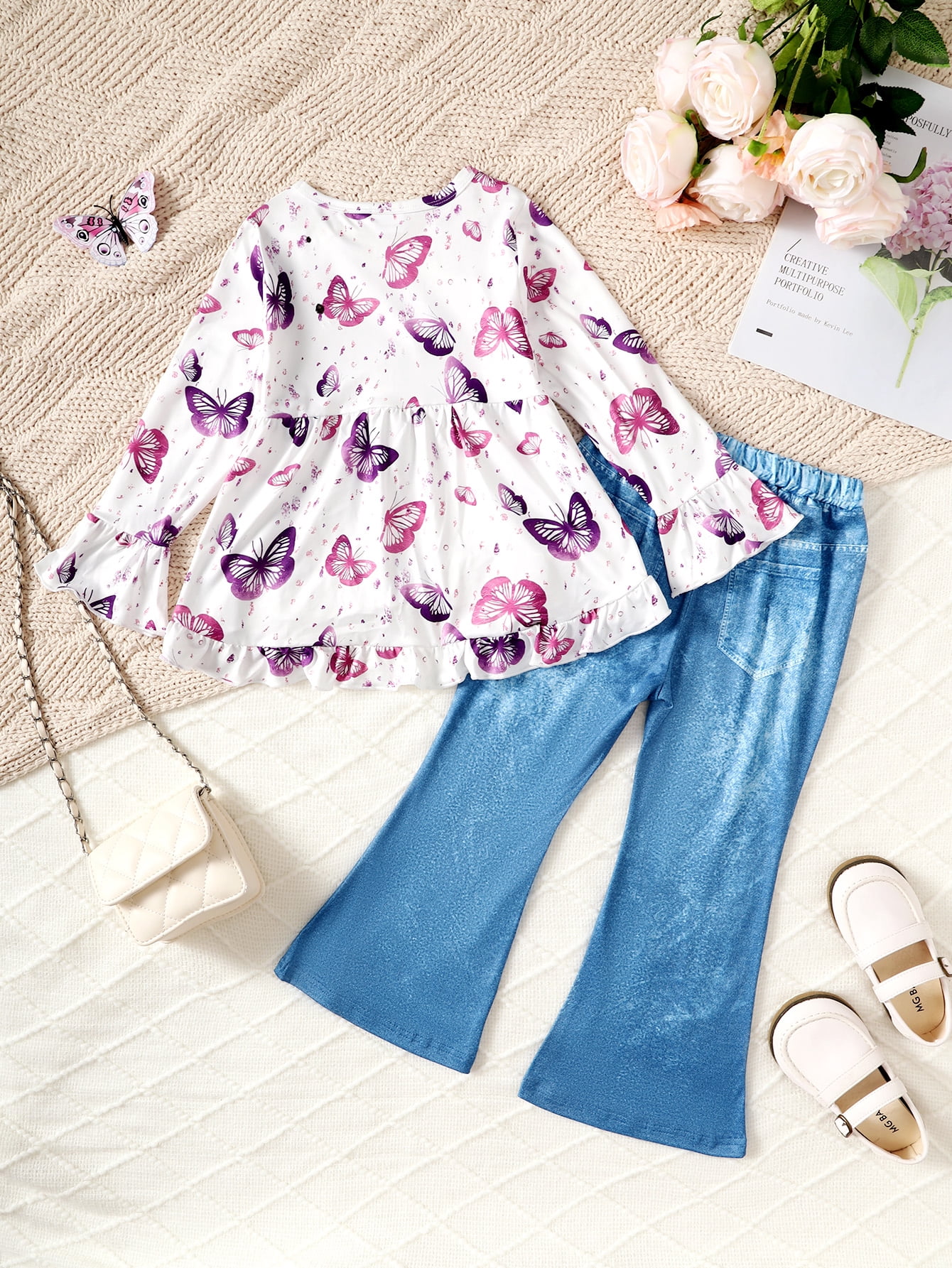 4T Baby Girls Clothes 4T Girls 2PCS Denim Outfits Set Butterfly Print Round Neck Toddler Girls Long Sleeve Top Denim Pants Set White