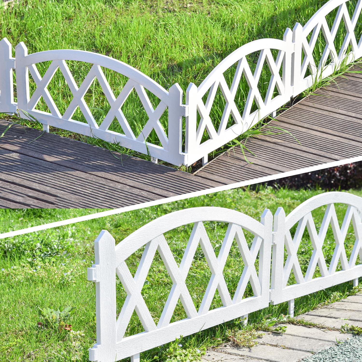 Sungmor Lightweight Plastic Garden Rail Fence White Pickets,94.5 Inch Length Outdoor Lawn Patio Protective Guard Edging Boarder Decoration