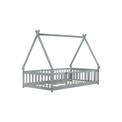 Bellemave Twin Size Floor Bed with Door, Teepee Tent Bed Beds, Twin Montessori Floor Bed with Guardrails, Wood House Bed with Slats, Grey