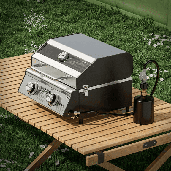 Monument Grills Portable 2-Burner Tabletop Propane Gas Grill with Locking Clearview Lid, Stainless Steel