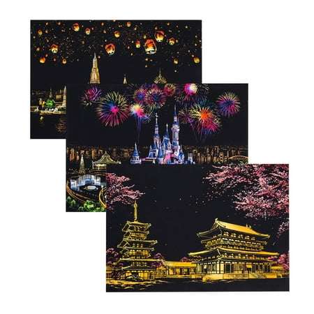 

3 Pcs Large City Night Scratch Picture Night View Scraping Painting World Sightseeing Picture DIY Craft Birthday Gift (Dream Castle/Japanese Cherry Blossom/Chiang Mai Thailand)