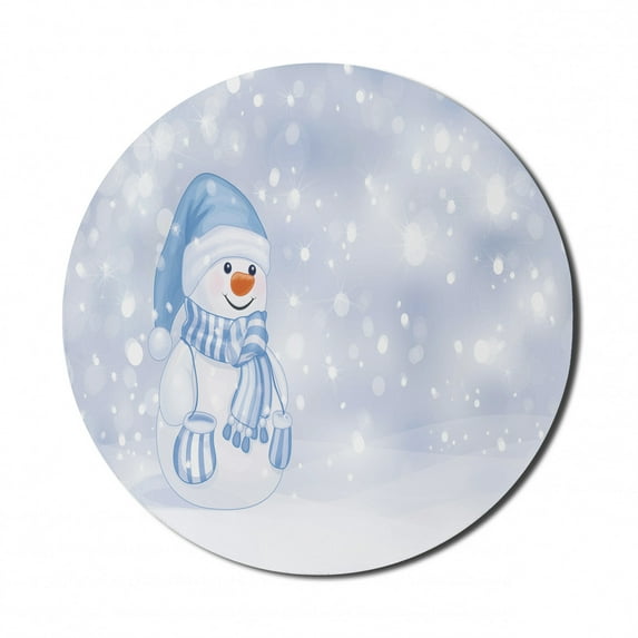 Winter Mouse Pad for Computers, Kids Toddler Design Happy Snowman Cartoon Style Merry Christmas Theme, Round Non-Slip Thick Rubber Modern Gaming Mousepad, 8" Round, Pale Blue White, by Ambesonne