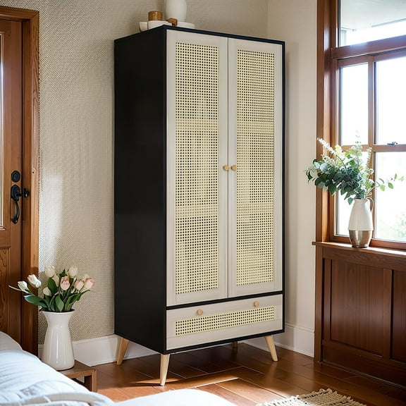 GOMYHOME-Accent Cabinet with Rattan Doors & Drawer, Modern Storage Armoire for Living Room, Bedroom, Natural Wood Finish