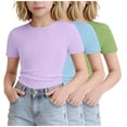 thumbnail image 4 of SGFCWSX Girls T Shirt 3 Pack Ribbed Knit Short Sleeve Crew Neck Slim Fit Cropped Casual Soft Basic Teens Daily Wear Tee Tops Green Size 16, 4 of 5