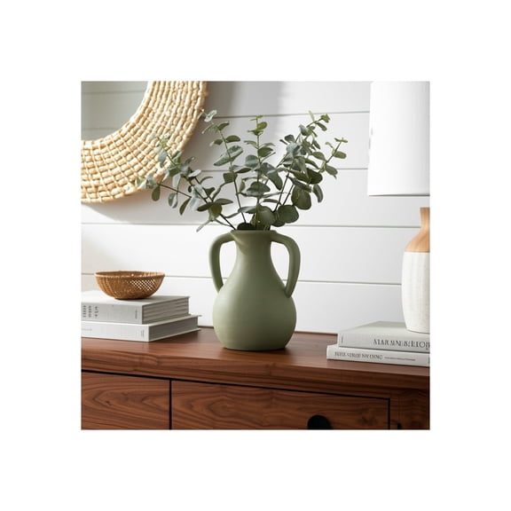 Pottery Terracotta Vase with Handles - Amphora-Style Decorative Flower Vase for Home, Office & Living Room - Rustic Boho Accent for Bedroom & Tabletop Decor - 12" Green