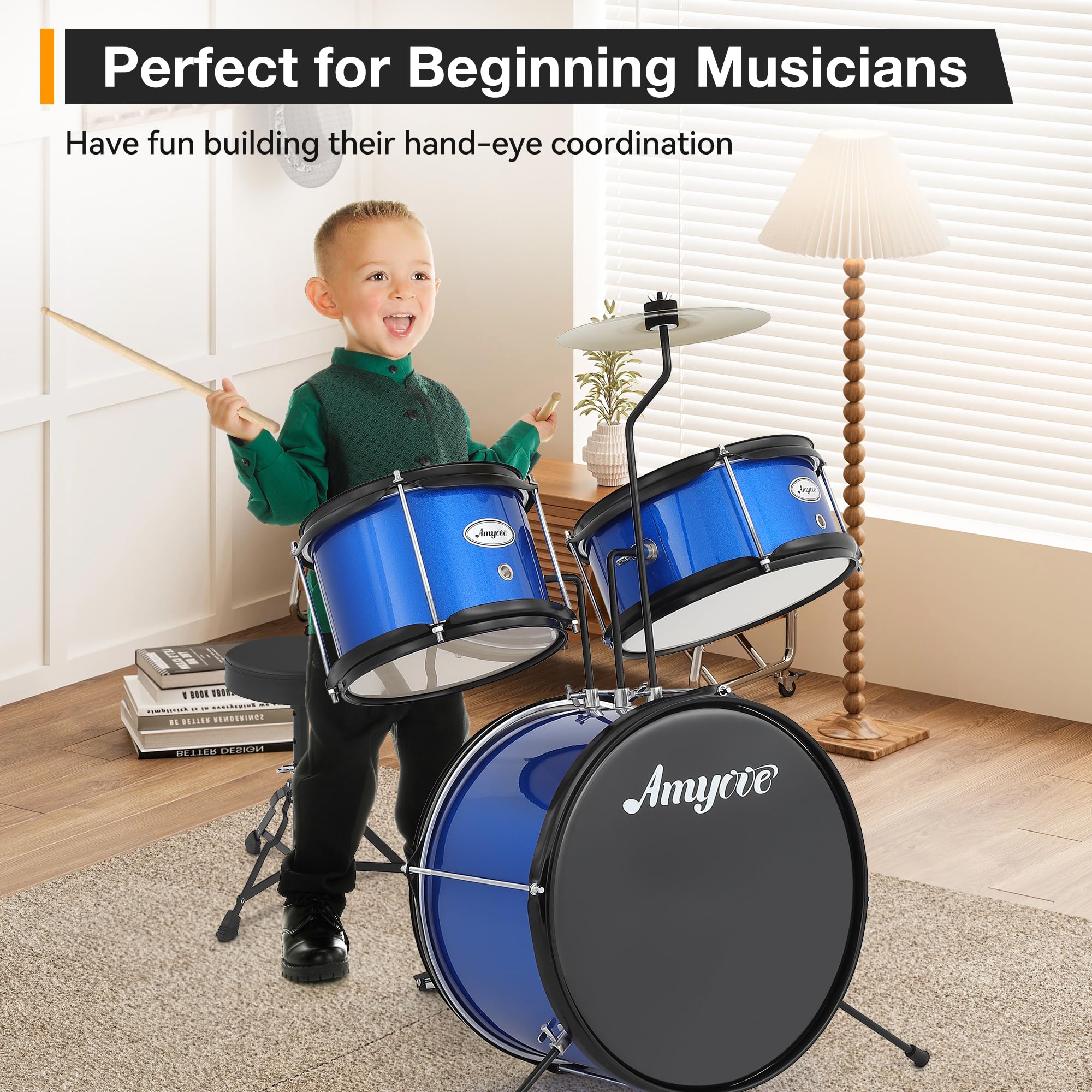 Senfot Drum Set, 1 Wood/Metal AD-100 Three Drums Set, Beginner Set Includes Bass, 2 Toms, Cymbal, Sticks, Bass Pedal and Stool, Percussion Musical Instrument Birthday Playsetl (Blue, 3-Piece)