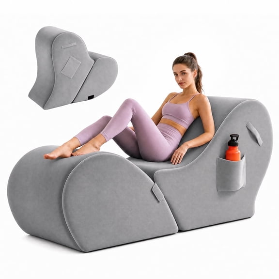 Advwin 2-in-1 Convertible Yoga Chaise Lounge Chair for Adults, Foldable Yoga Couch w/ Lumbar Pillow & Dust Cover, Folds into Heart-Shaped Ottoman, for Stretching, Meditation & Relaxation, Gray