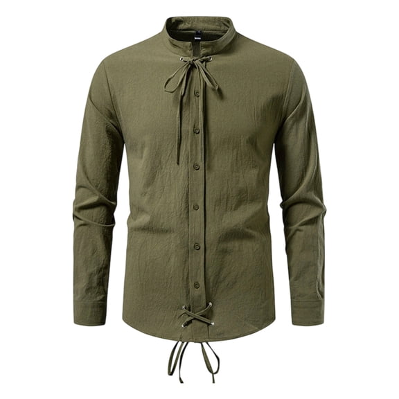 Men Pirate Shirt Lace Up Retro Medieval Pirate Button up Stand Collar Long Sleeve Shirts for Work Travel