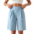 thumbnail image 2 of CQONEPT Women's Casual Bermuda Shorts Elastic Waist Wide Leg Knee Length Summer Shorts with Pockets Light Blue S, 2 of 6