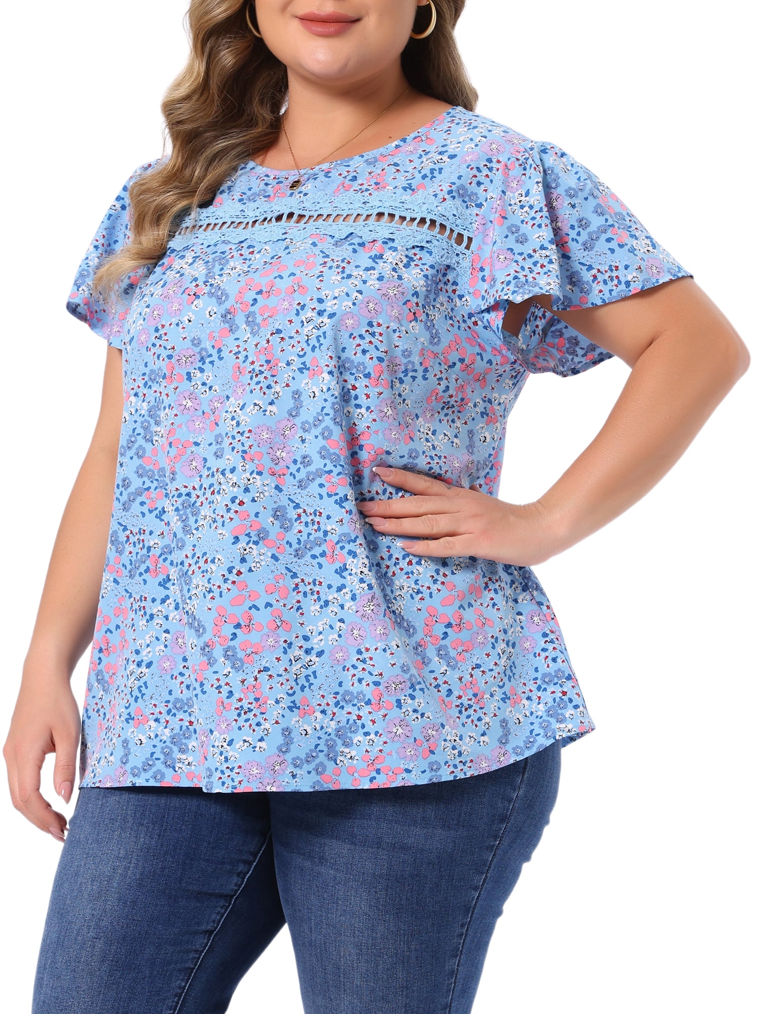 DARING DIVA Women's Plus Floral  Crew Neck Blouse Summer Crew Neck Shirt 3X Blue