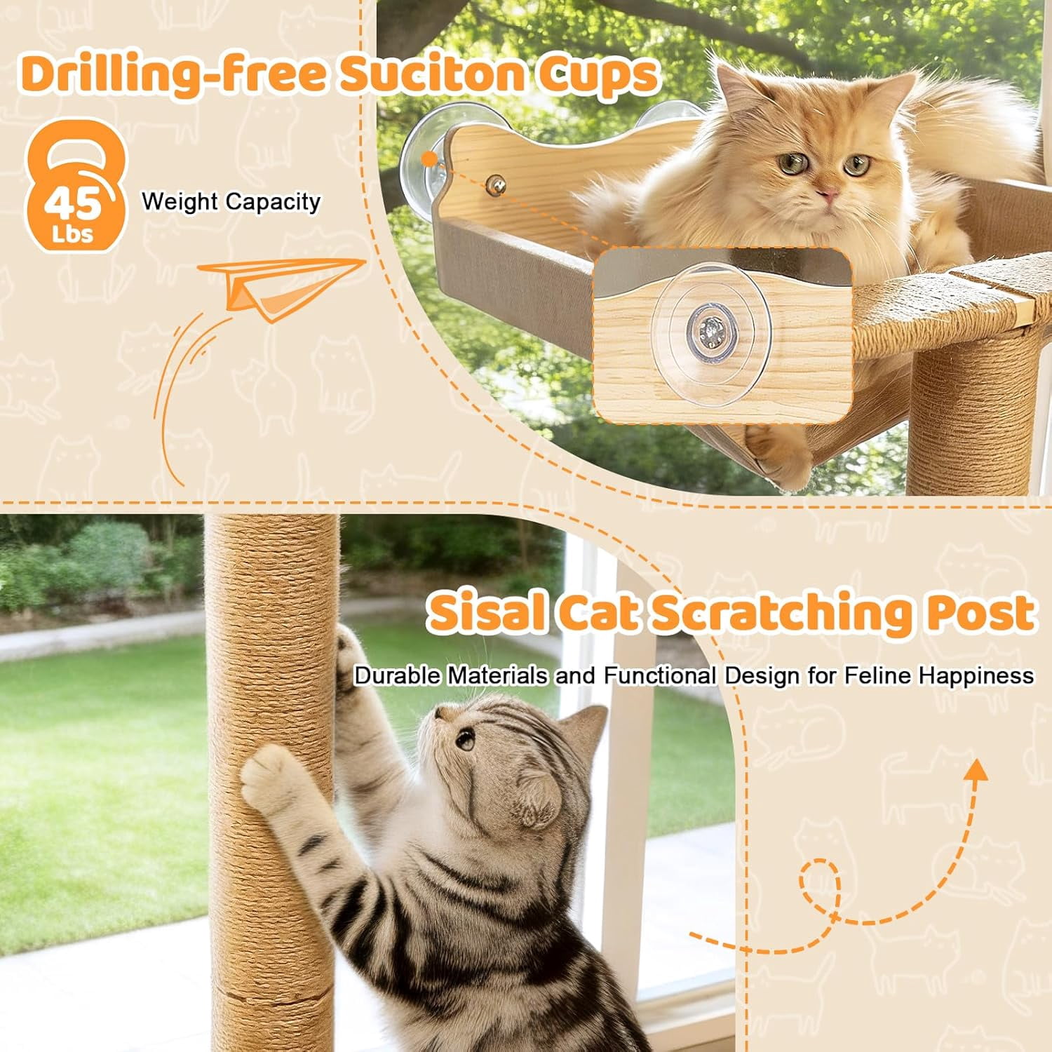 Cat Window Perch Hammock with 3-Piece Detachable Sisal Scratching Posts, Gray Fluffy Cusion, Drill-Free Suction Cup Mount, Multi-Level Climbing Perch for Bird Watching, 45 LBS Capacity