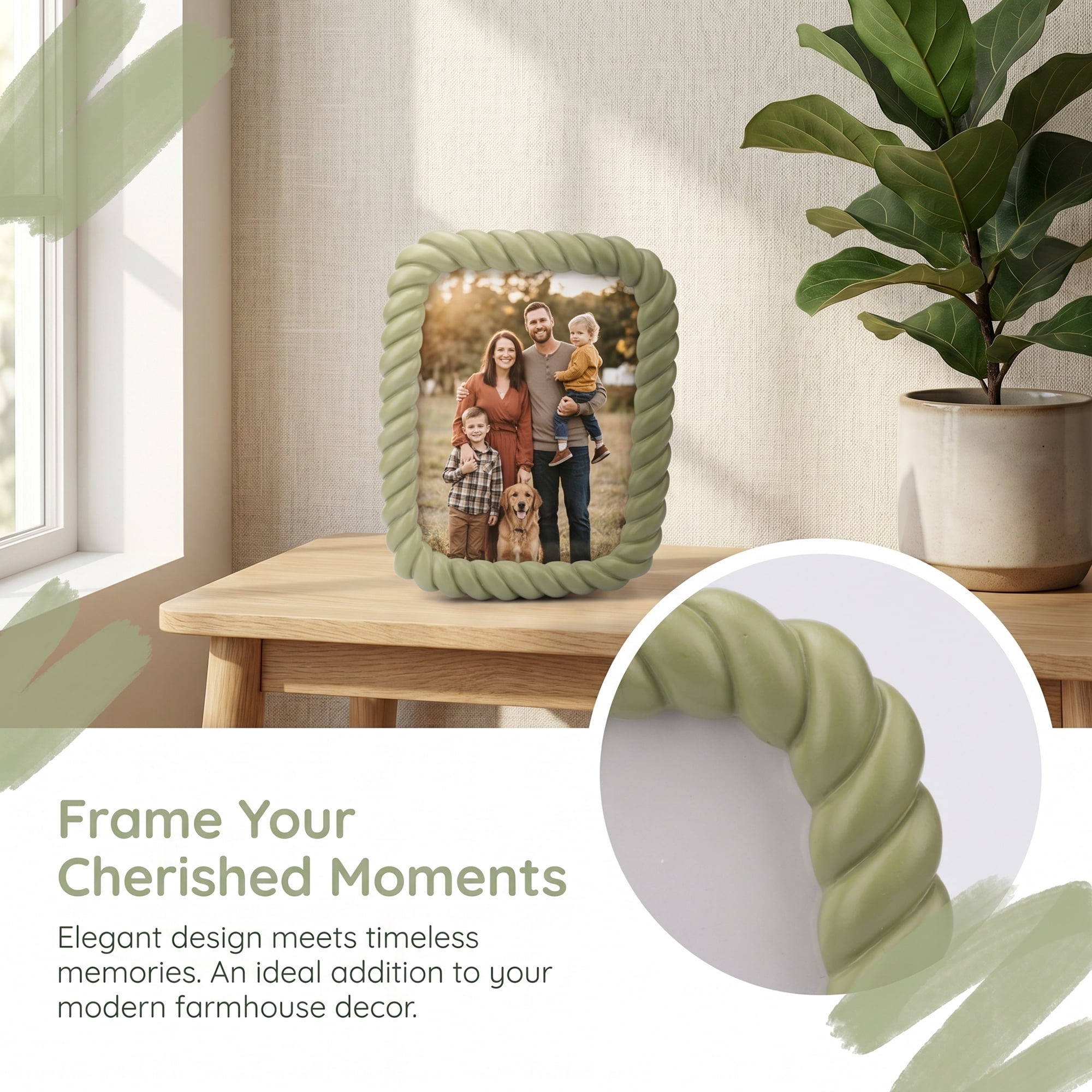 Unique Bargains Twisted Rope Resin Picture Frame for Coastal & Farmhouse Display Olive Green 4" x 6"