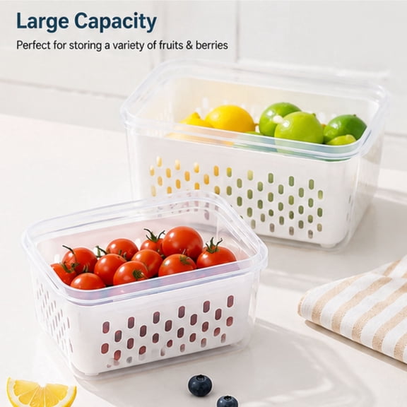 4-Piece Large Capacity Fruit Storage Containers Set for Refrigerator (2 Boxes   2 Removable Drain Baskets), Airtight Produce Saver with Colander, Dishwasher Safe, Keeps Fruits & Berries Fresh Longer.