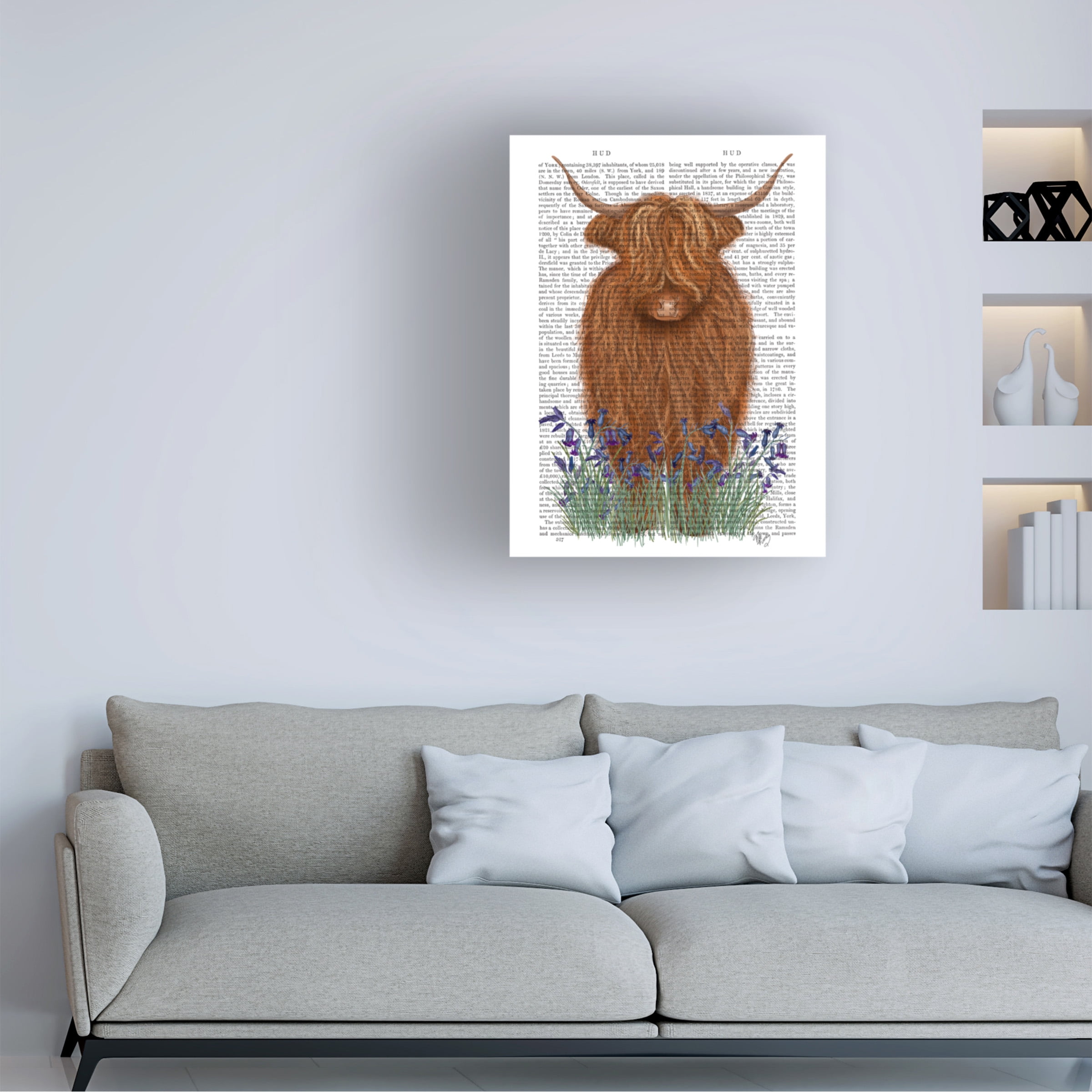 Fab Funky 'Highland Cow Bluebell Book Print' Canvas Art