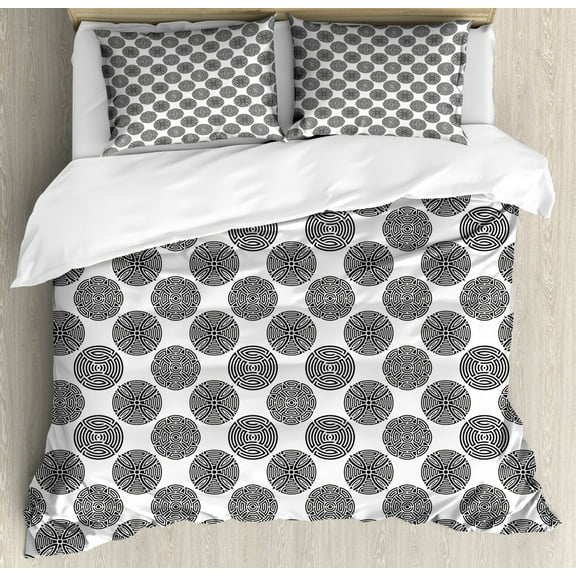 Abstract Duvet Cover Set King Size, Continuous Monochrome Pattern with Creative Maze Ornate Rounds Print, Decorative 3 Piece Bedding Set with 2 Pillow Shams, Charcoal Grey and White, by Ambesonne