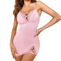 Nightgowns for Women V Neck Lace Full Side Split Sleepwear Pink XL