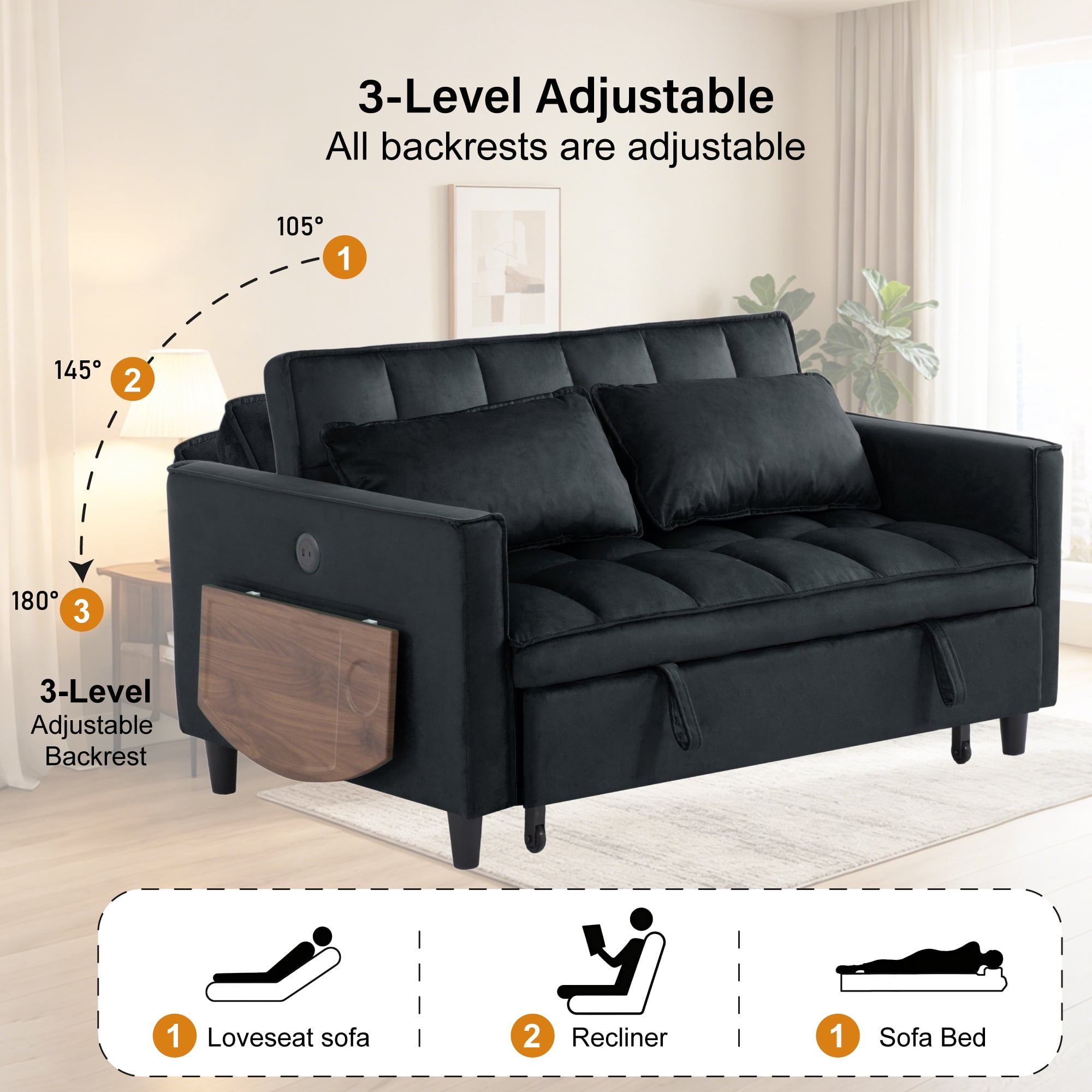 Gewnee 55.31''Pull Out Sleeper Sofa Bed,Twin Size Convertible Chair Bed with USB Ports & Side Table,3-Position Reclining Back,Velvet Upholstered Small Sofa for Living Room and Guest Room.Black